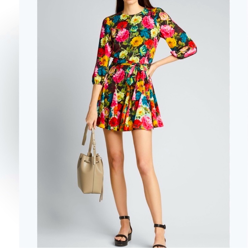 Alice + Olivia Mina Puff-Sleeve Godet Dress w/ Belt. Size 2